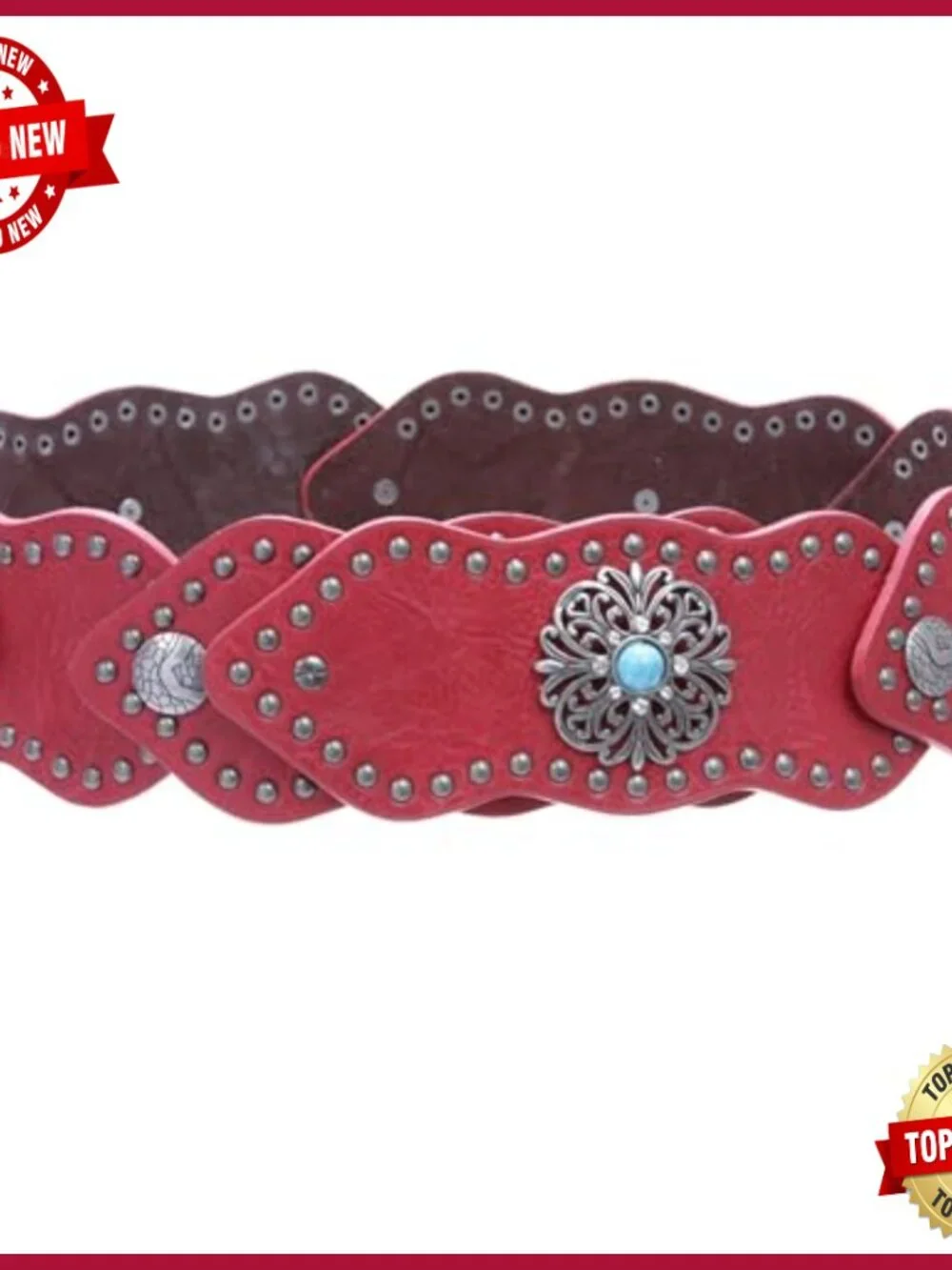 3" Wide Boho Link Leather Belt with Studs and Turquoise Conchos - Picture 2 of 3